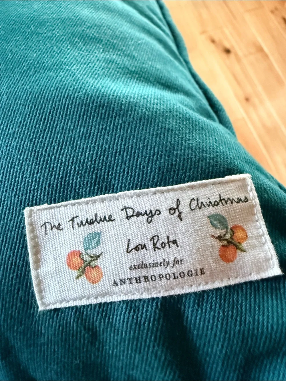 Anthropologie Teal Embroidered Bird & Fruit Pillow